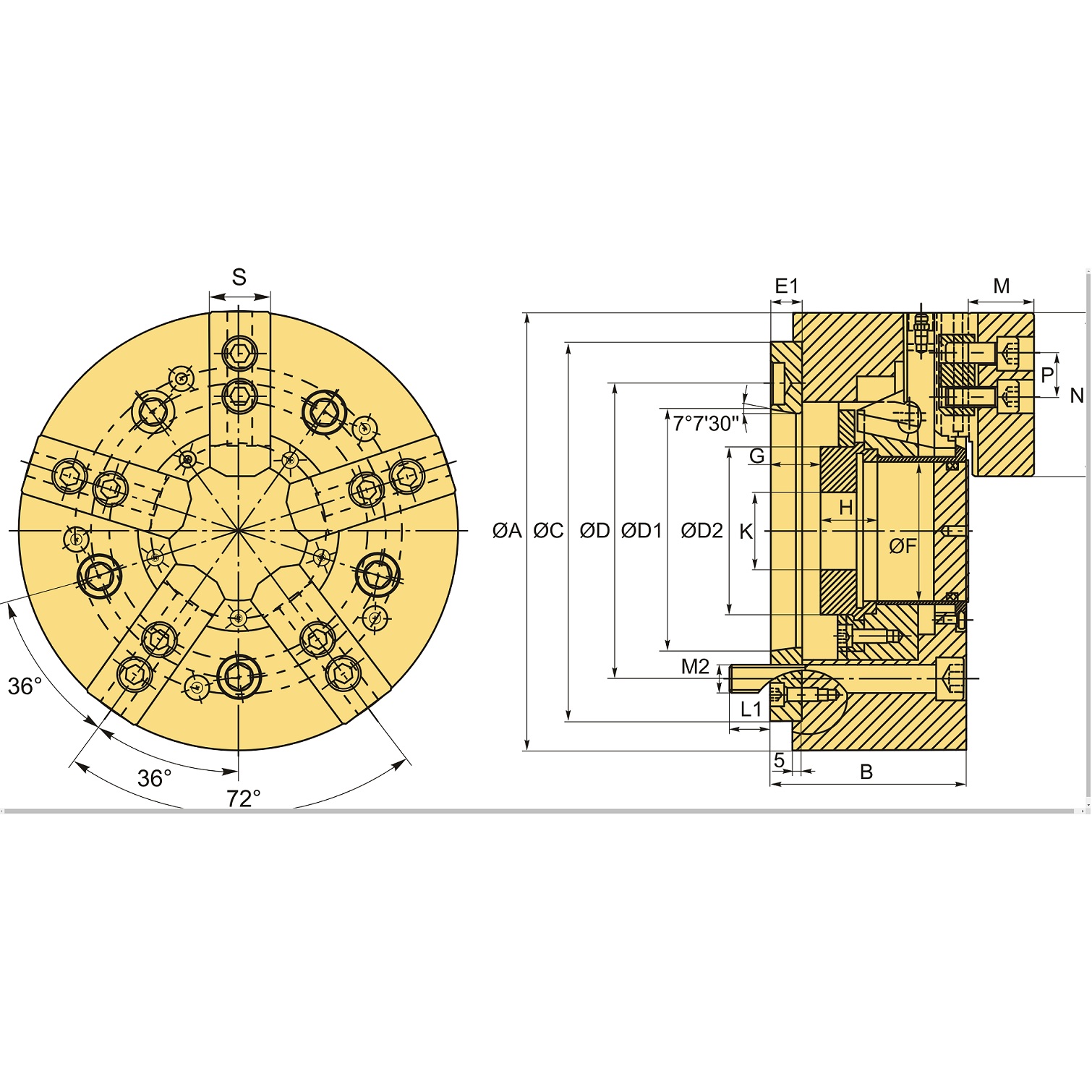 Патрон токарный гидравлический 5-ти кулачковый 169 мм (6") BW-06A5 со сквозными отверстиямиФото 10909-04.jpg