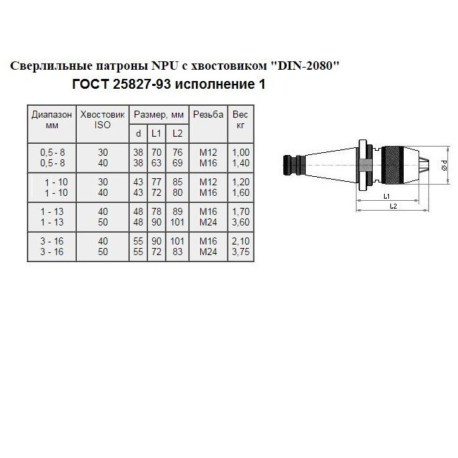 Патрон сверлильный самозажимной бесключевой хв/к NT 7:24-40, ПСС-13 1-13 мм, М16, ГОСТ 25827-93 CNICФото 11515-02.jpg